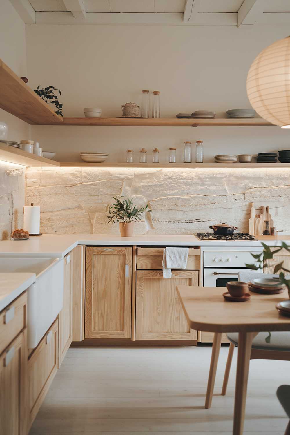 A Japandi-style kitchen with a minimalist design, blending Scandinavian and Japanese elements. The space features natural wood cabinets with a light oak finish, paired with matte white countertops. A textured stone backsplash adds warmth, while open wooden shelving displays simple ceramic dishware and glass jars. The floor is light-colored wood, and there is a small potted plant on the countertop for a touch of greenery. Ambient lighting is provided by a paper lantern pendant above a wooden dining table with clean lines, creating a warm, inviting atmosphere.