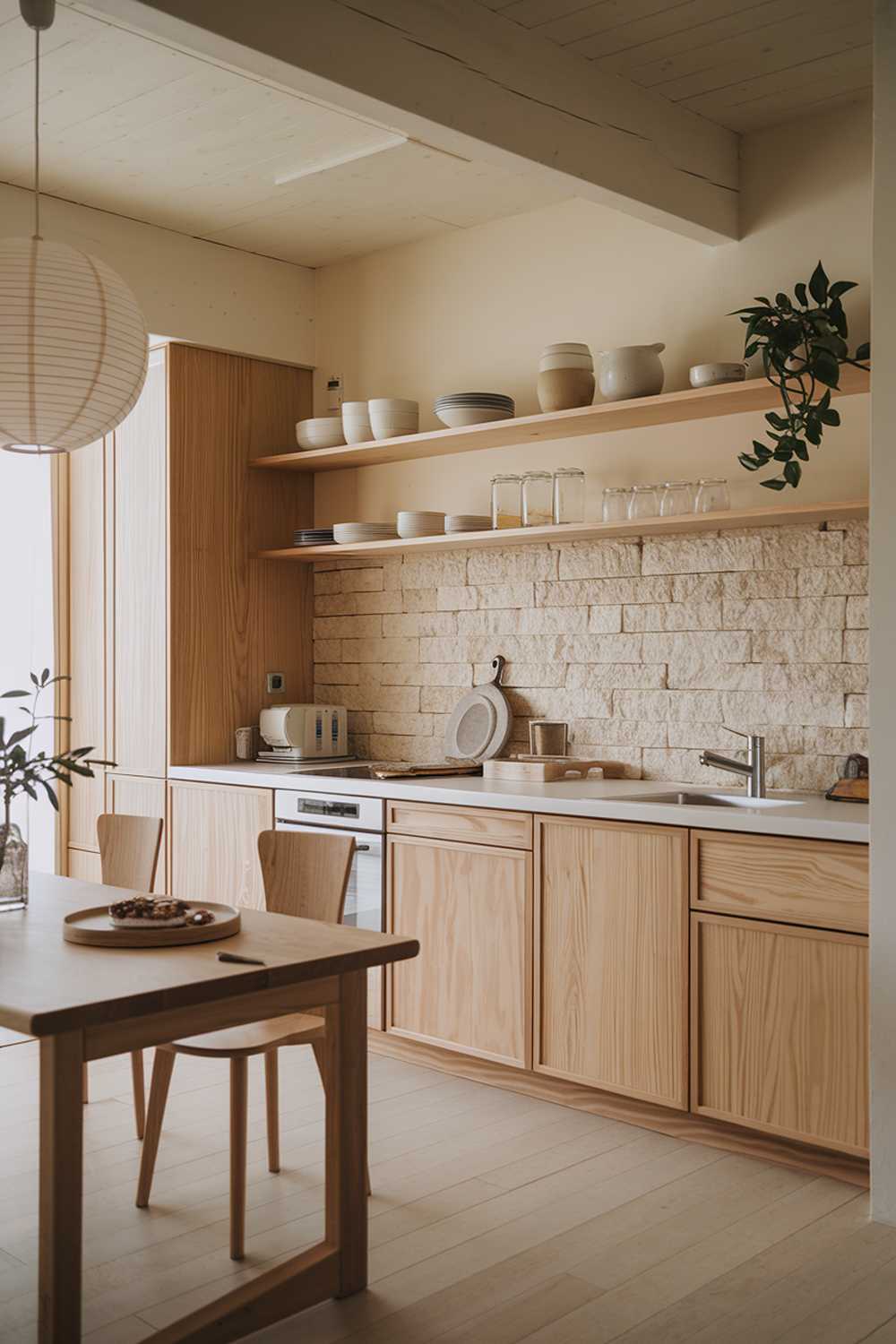 A cozy Japandi-style kitchen with a minimalist design, blending Scandinavian and Japanese elements. The space features natural wood cabinets with a light oak finish, paired with matte white countertops. A textured stone backsplash adds warmth, while open wooden shelving displays simple ceramic dishware and glass jars. The floor is light-colored wood, and there is a small potted plant on the countertop for a touch of greenery. Ambient lighting is provided by a paper lantern pendant above a wooden dining table with clean lines, creating a warm, inviting atmosphere