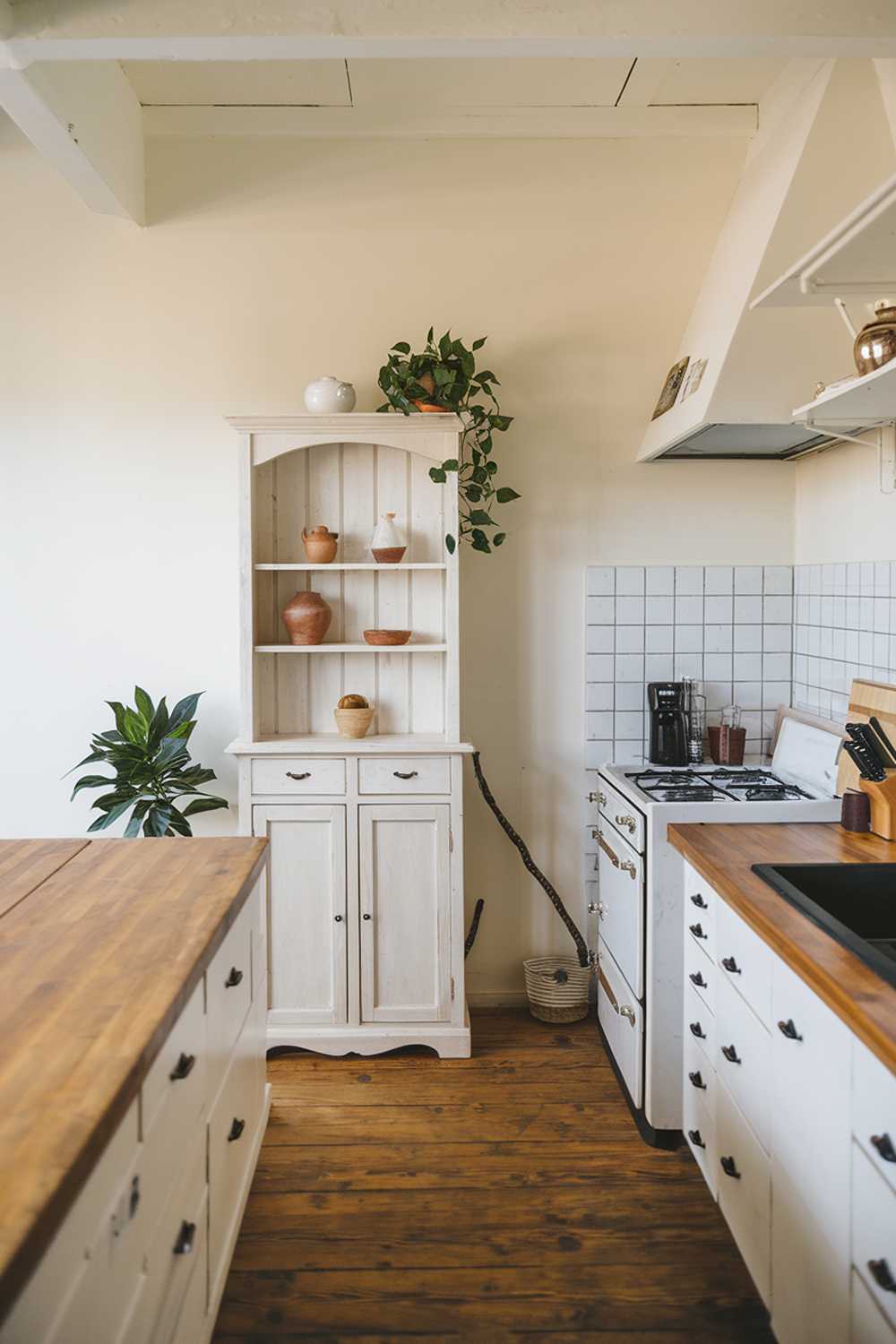 A Japandi-style kitchen with a minimalist design. The kitchen features a wooden countertop and a white cabinet with a few pots and a small plant. There's also a white stove and a black sink. The floor is made of wood. The walls are painted white. There's a small potted plant near the cabinet. The overall space is warm and inviting