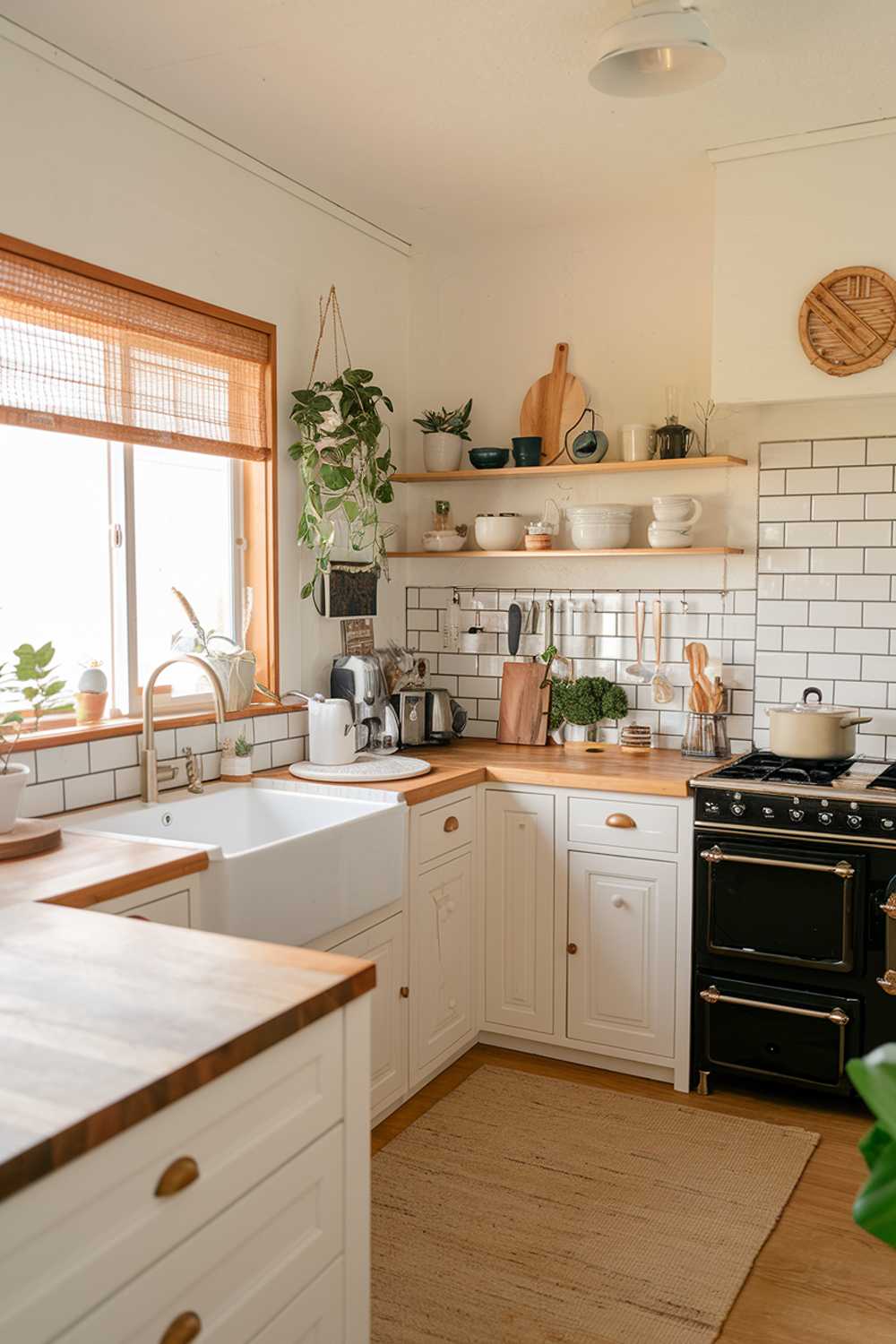 A warm and inviting Japandi-style kitchen. The kitchen has a minimalist design that blends Scandinavian simplicity with Japanese natural elements. The room features a wooden countertop, white cabinets, and a black stove. There are also a few plants and a wooden shelf with cooking utensils. The floor is covered with a beige rug.