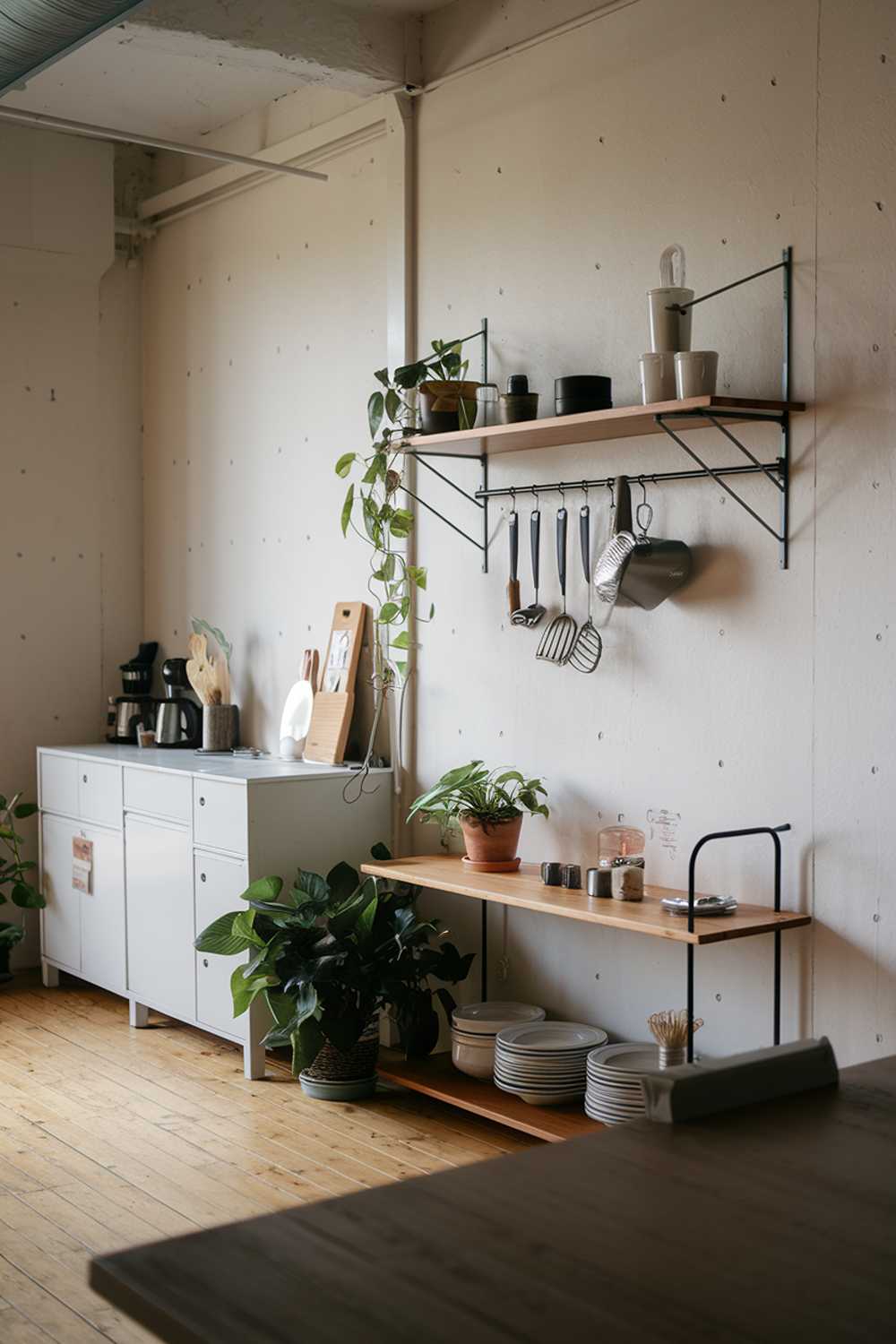 A Japandi-style kitchen with a minimalist design. The kitchen features a wooden shelf with plants and a few items. There is a white cabinet with a few items on top. The floor is made of wood. There is a potted plant near the shelf. The wall has a few screws. The room has soft lighting.