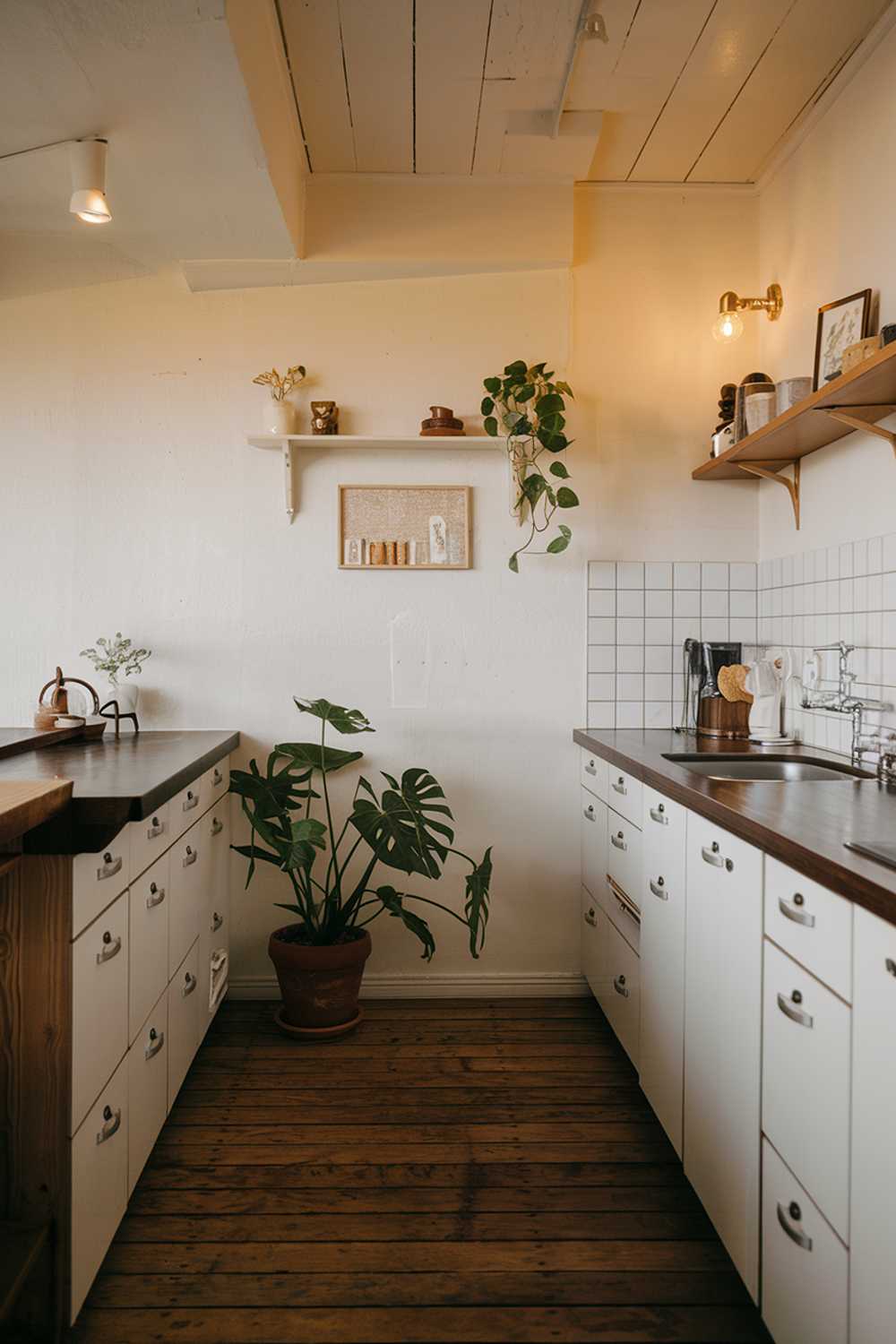 A Japandi-style kitchen with a minimalist design. The kitchen features a wooden floor, white cabinets, and a dark countertop. There's a potted plant near the sink. The wall has a few shelves with decorative items. The lighting is warm.