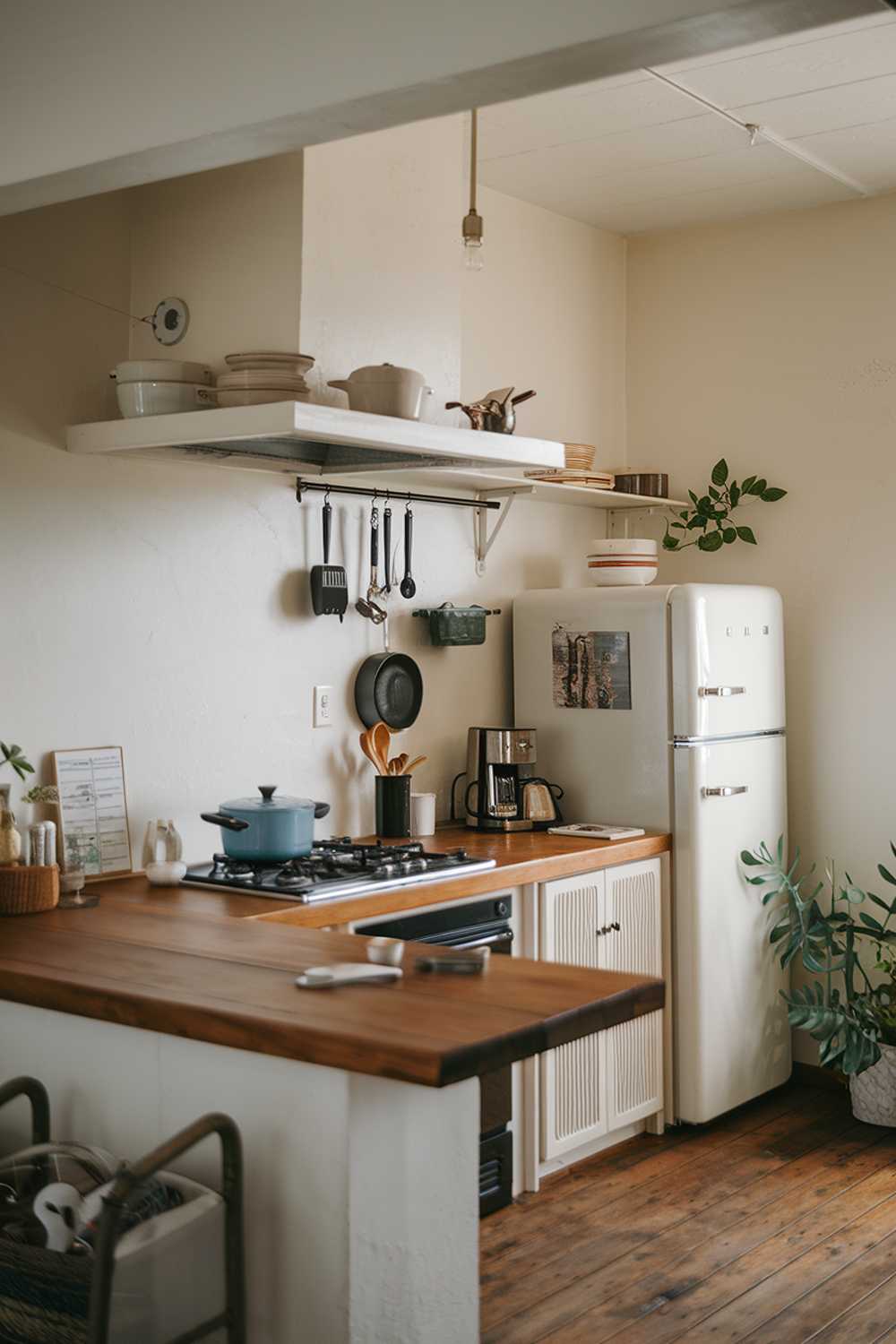 A cozy Japandi-style kitchen with a minimalist design. The kitchen features a wooden countertop and a few appliances, including a stove and a refrigerator. There are a few pots and pans on the countertop. The walls are painted white. There is a small green plant near the refrigerator. The floor is covered with wooden planks. The lighting is soft.