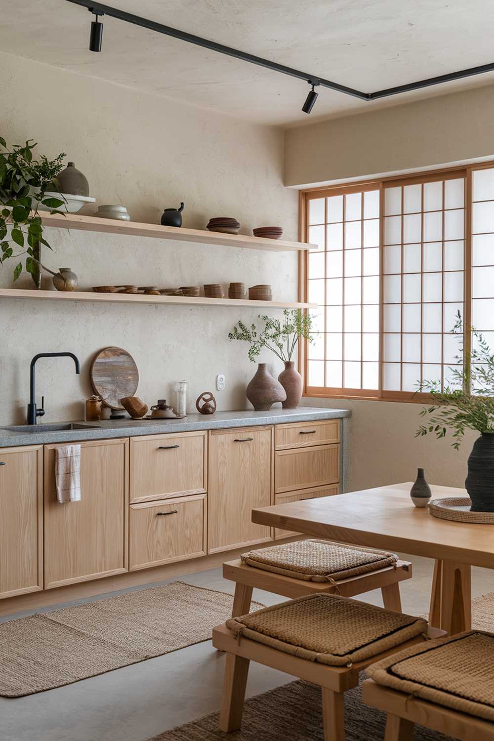 A Japandi kitchen with a harmonious blend of Japanese and Scandinavian design elements. The space features natural wood cabinets with light oak finishes, open shelving displaying simple ceramics, and a minimalist stone countertop. A large shoji-inspired window allows soft natural light to fill the room, illuminating textured beige walls. A low-profile wooden dining table with woven straw cushions adds a traditional touch. The kitchen also features matte black fixtures and organic accents such as potted greenery, textured rugs, and ceramic vases for a serene and inviting atmosphere.