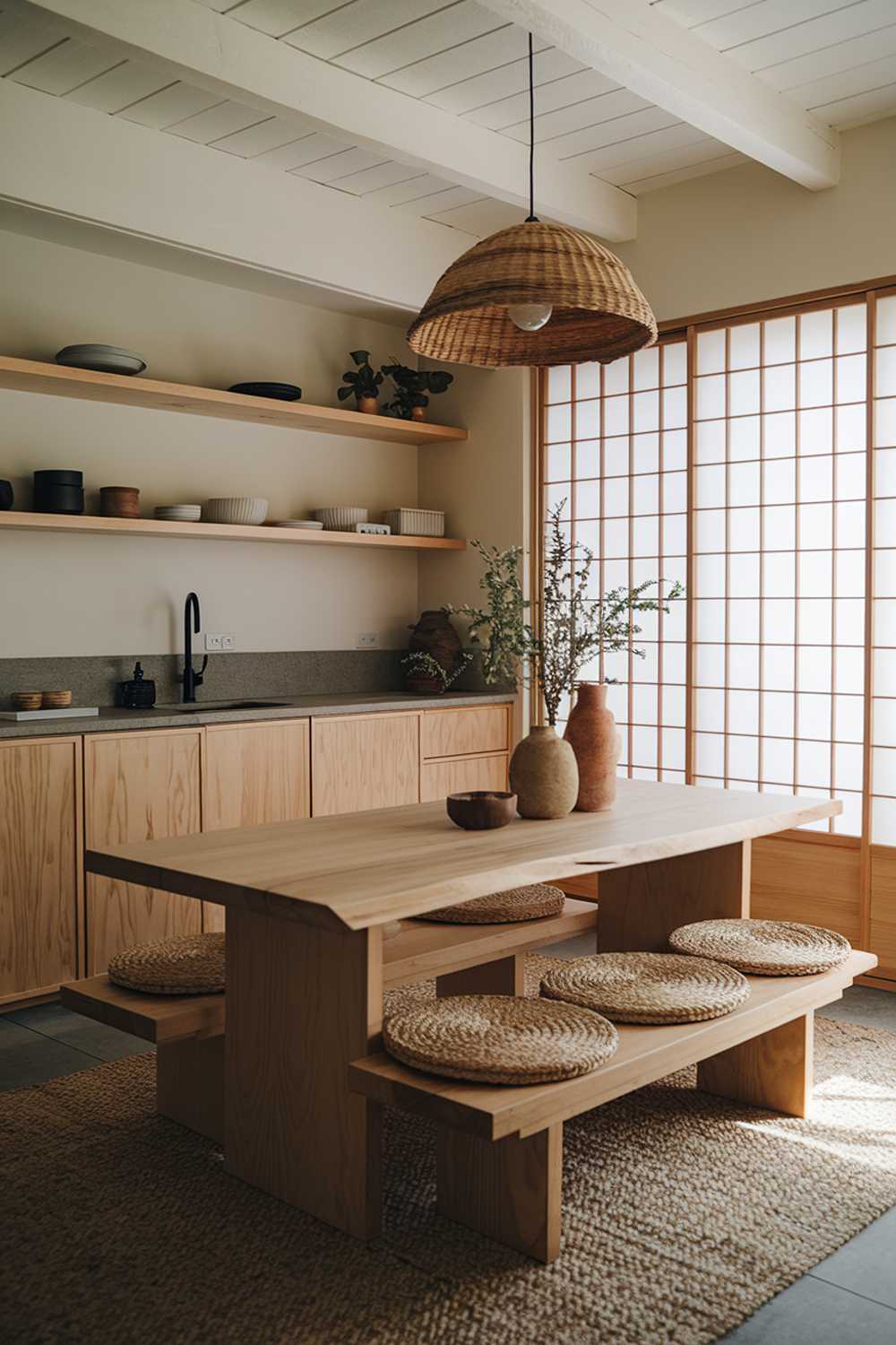 A cozy Japandi kitchen with natural wood cabinets, open shelving, and a minimalist stone countertop. There's a large shoji-inspired window letting in soft natural light. The room has a low-profile wooden dining table with woven straw cushions, matte black fixtures, and organic accents like potted greenery, textured rugs, and ceramic vases.