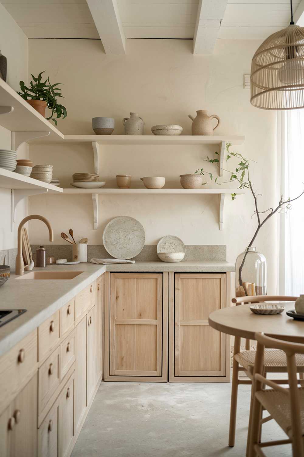 A Japandi-style kitchen with a harmonious blend of Japanese minimalism and Scandinavian warmth. The space includes natural wood cabinets with clean lines, a light stone countertop, and open shelving displaying simple ceramic dishware. A neutral color palette with soft beige and off-white tones creates a serene atmosphere. A pendant lamp made of natural materials, such as rattan or bamboo, provides subtle lighting. A small potted plant and a branch in a glass vase bring a touch of nature into the room.