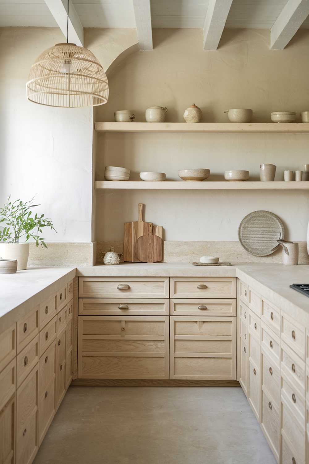 A Japandi-style kitchen with a harmonious blend of Japanese minimalism and Scandinavian warmth. The space features natural wood cabinets with clean lines, a light stone countertop, and open shelving displaying simple ceramic dishware. A neutral color palette with soft beige and off-white tones creates a serene atmosphere. A pendant lamp made of natural materials, such as rattan or bamboo, provides subtle lighting and emphasizes warmth. A small potted plant adds a touch of nature to the room.