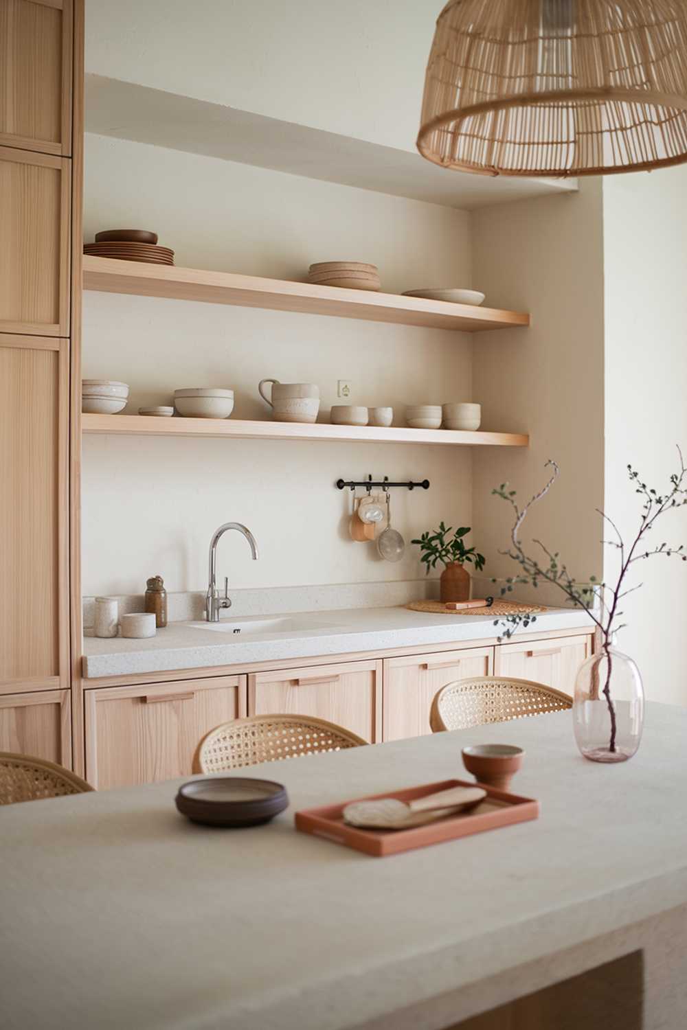 A cozy Japandi-style kitchen with a harmonious blend of Japanese minimalism and Scandinavian warmth. The space includes natural wood cabinets with clean lines, a light stone countertop, and open shelving displaying simple ceramic dishware. A neutral color palette with soft beige and off-white tones creates a serene atmosphere. The pendant lamp made of natural materials, such as rattan or bamboo, adds subtle lighting and emphasizes warmth. A small potted plant and a branch in a glass vase bring a touch of nature into the room.