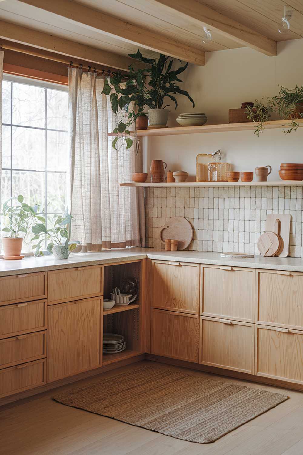 A Japandi kitchen with natural wood cabinetry and open shelving. The cabinets and shelves have a smooth, light wood grain. The countertops are minimalist white stone. A textured ceramic backsplash adds warmth to the space. There is a large window that allows natural light to fill the room. Potted green plants and bamboo kitchenware are placed on the shelves. Soft linen curtains hang near the window. A woven jute rug is placed on the light oak floor. The design of the kitchen is a balanced blend of Japanese and Scandinavian elements, emphasizing simplicity, natural materials, and warm, neutral colors.