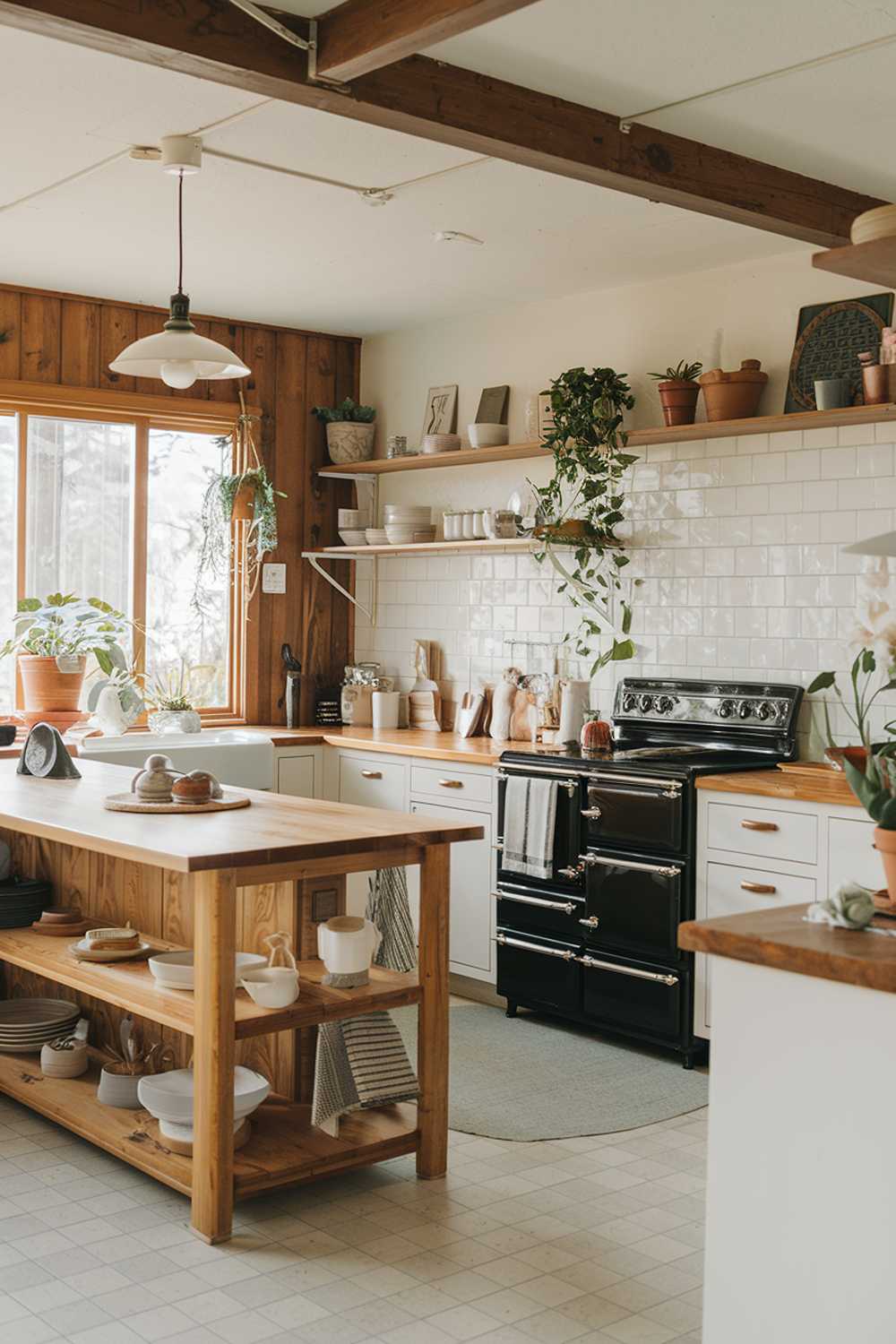 A Japandi kitchen with wooden elements, white cabinets, and a black stove. The room features a wooden island with a white countertop and a pendant light. There are potted plants and a few decorative items on the countertops. The floor is covered with light-colored tile.