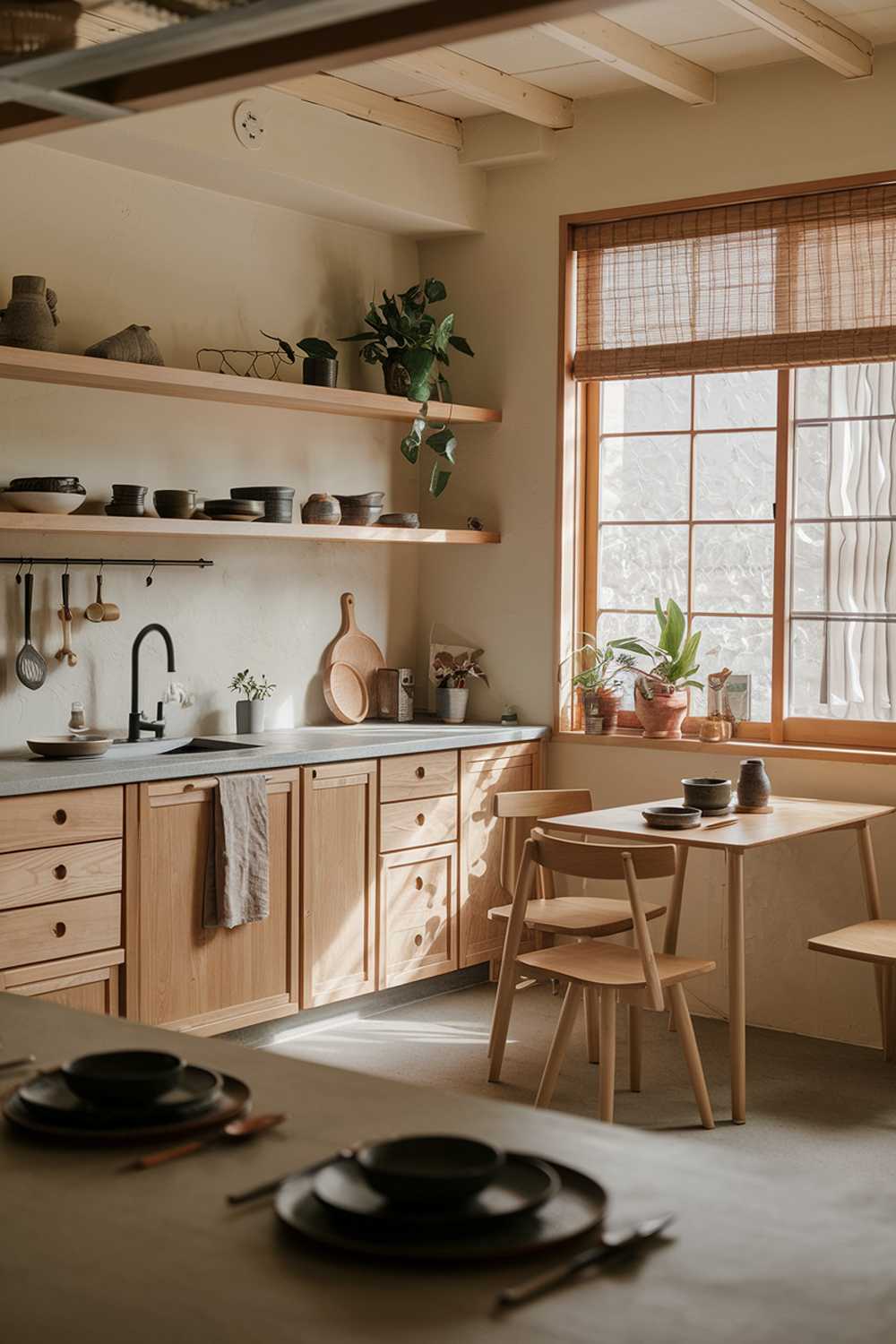 A cozy Japandi kitchen with a blend of Japanese and Scandinavian design elements. The space features natural wood cabinets, a minimalist stone countertop, and open shelving displaying ceramic dishware. The room has a neutral color palette of warm beige and soft gray, with subtle touches of black. Light filters through a large window with a bamboo shade, illuminating a small wooden dining table with simple chairs. The room is adorned with a few potted plants and a linen kitchen towel for added warmth and texture. The atmosphere is serene and inviting, emphasizing natural materials and simplicity.