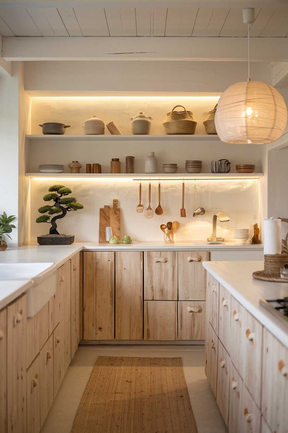 A Japandi-style kitchen with a blend of Japanese and Scandinavian design elements. The space features light wooden cabinetry with a natural grain finish, matte white countertops, and a minimalist open shelving system displaying a selection of ceramic dishes, bamboo utensils, and woven baskets. The room is softly lit with a combination of ambient lighting and a pendant lamp made from rice paper, creating a warm, inviting atmosphere. The kitchen floor is a light-colored stone tile, and a small jute rug adds texture. A potted bonsai plant sits on the countertop, adding a touch of greenery to the serene space.