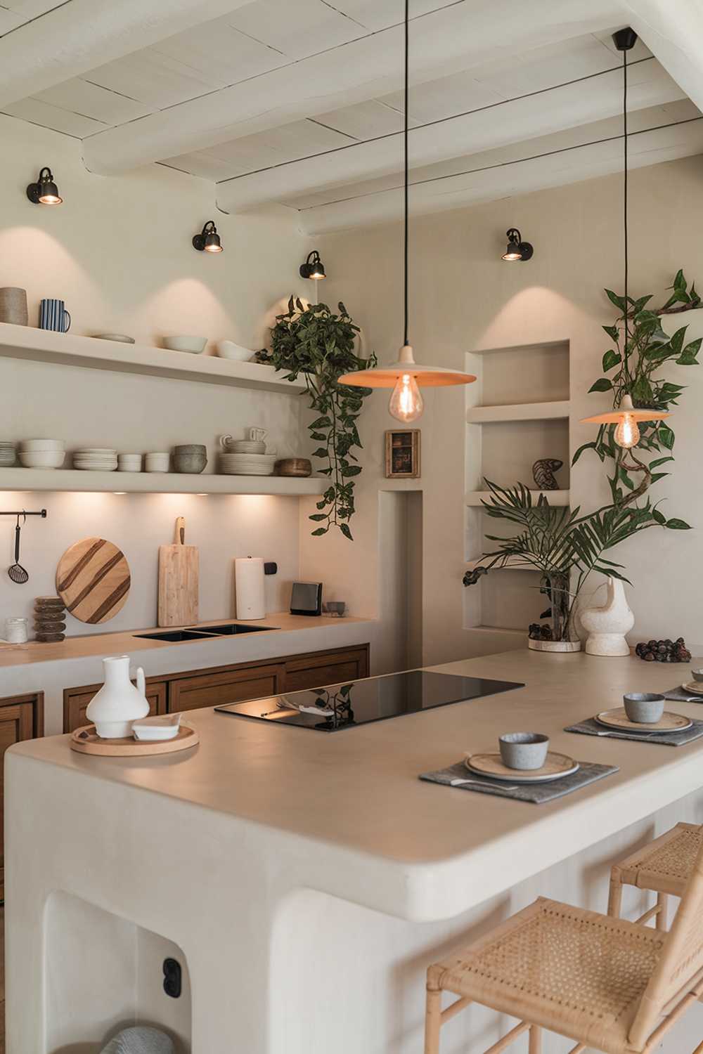 A Japandi-style kitchen with a neutral color palette of soft whites, muted grays, and warm wood tones. The kitchen has clean lines and features a spacious island with a smooth, minimalist countertop. There are a few carefully selected kitchen utensils displayed on the island. The walls have open shelving, showcasing elegant dishware and indoor plants. The lighting is warm and inviting, with pendant lights hanging above the island. There are elements of natural materials, such as bamboo or stone, to enhance the serene atmosphere. The overall design evokes simplicity, warmth, and an organized feel.