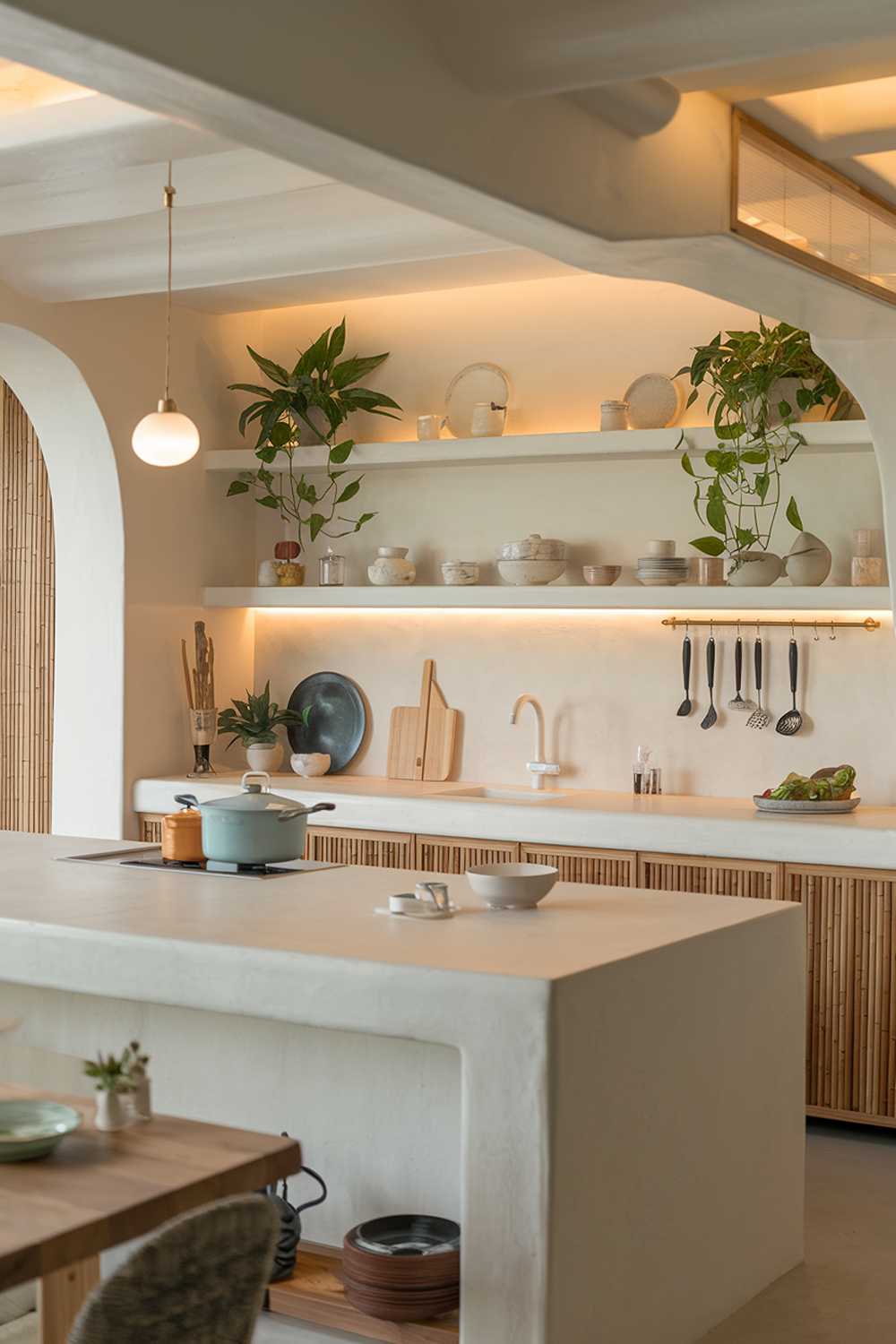 A Japandi kitchen with a harmonious blend of Japanese minimalism and Scandinavian functionality. The kitchen features clean lines, a neutral color palette of soft whites, muted grays, and warm wood tones. There is a spacious island with a smooth, minimalist countertop and a few carefully selected kitchen utensils displayed. Open shelving showcases elegant dishware and indoor plants for a touch of nature. The lighting is warm and inviting, with pendant lights hanging above the island. The design elements include natural materials such as bamboo or stone, enhancing the serene atmosphere. The overall design evokes simplicity, warmth, and an organized feel.