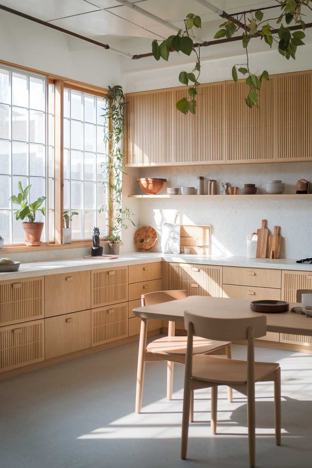 A serene Japandi kitchen with a blend of Japanese minimalism and Scandinavian functionality. The space has light wooden cabinetry with clean lines, sleek white countertops, and a subtle, organic texture. There are potted plants on the windowsill and bamboo accents throughout. Natural light streams in through large windows. The open layout includes a simple wooden dining table with minimalist chairs, creating a cozy yet sophisticated atmosphere. The kitchenware is neatly arranged, emphasizing a clutter-free, inviting space that promotes mindfulness and simplicity.