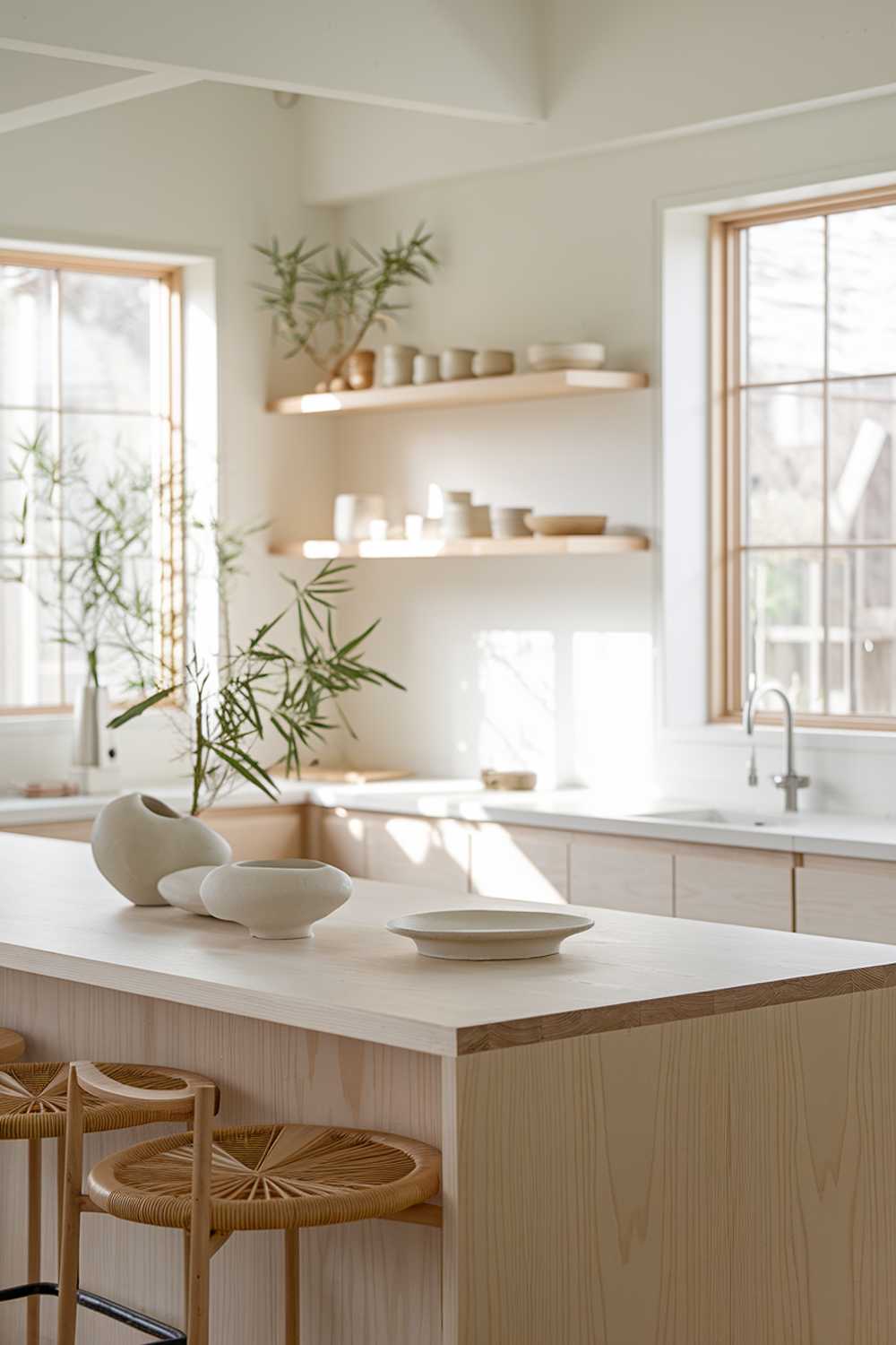 A serene Japandi kitchen with clean lines and a neutral color palette of soft whites, warm wood tones, and subtle earth tones. The kitchen island, made of light wood, is central and adorned with a few carefully placed, organic-shaped ceramics. Natural light pours in through large windows, illuminating the open shelving displaying simple, elegant dishware. Plants, such as bamboo or succulent arrangements, add a touch of greenery. The overall atmosphere is calm, inviting, and clutter-free, embodying the essence of minimalist design.