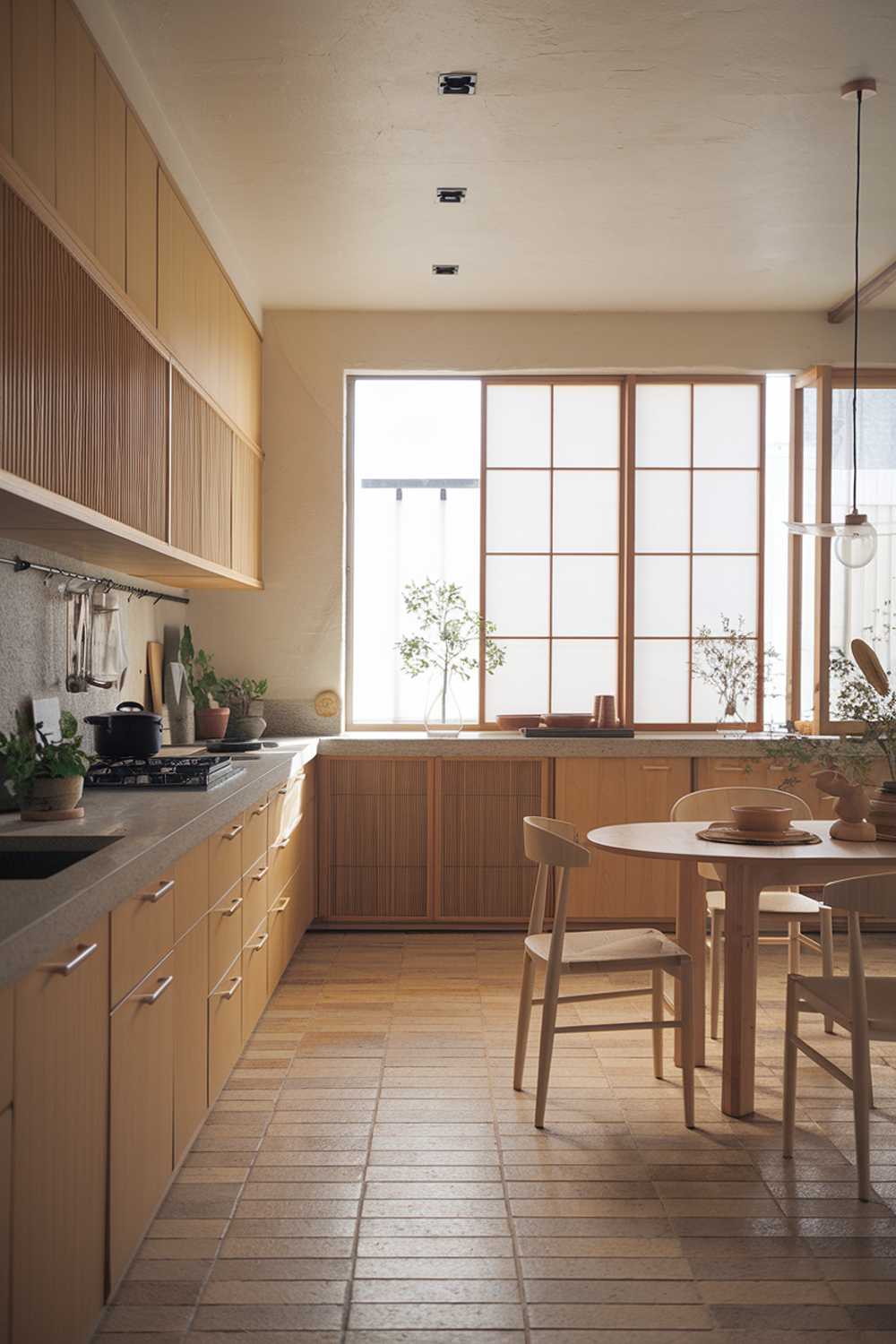 A serene Japandi kitchen that beautifully blends Japanese and Scandinavian design elements. The space features light wooden cabinetry with sleek lines, complemented by natural textures such as a stone countertop and bamboo accents. Large windows allow natural light to flood the room, highlighting minimalist decor items like potted plants and artisanal dishware. The floor is adorned with warm, neutral-toned tiles that enhance the cozy ambiance. Incorporate subtle lighting fixtures, such as pendant lights with a minimalist design, and a dining area with a simple wooden table and chairs, creating an inviting atmosphere for both cooking and dining.