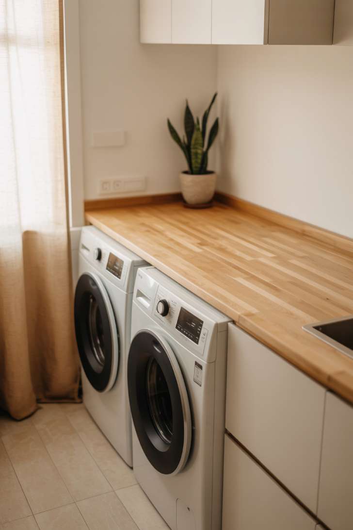 Light beech wood countertop running across two white front-load machines in a bright japandi laundry room with a snake plant and natural light.