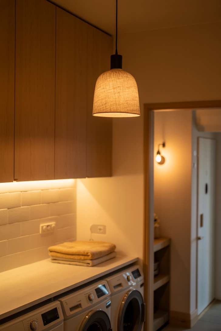 Three layers of warm lighting in a japandi laundry room including under-cabinet LEDs, a linen pendant, and a warm wall sconce.