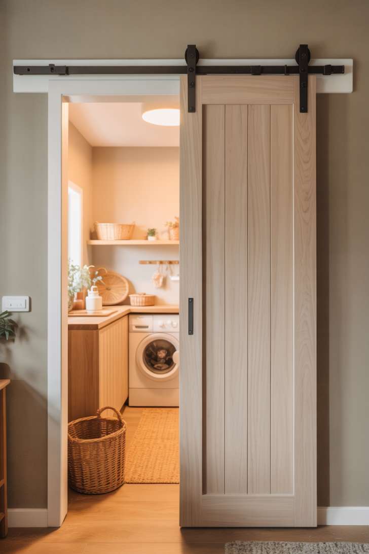 Light ash wood sliding barn door on matte black hardware partially open to a bright japandi laundry room.