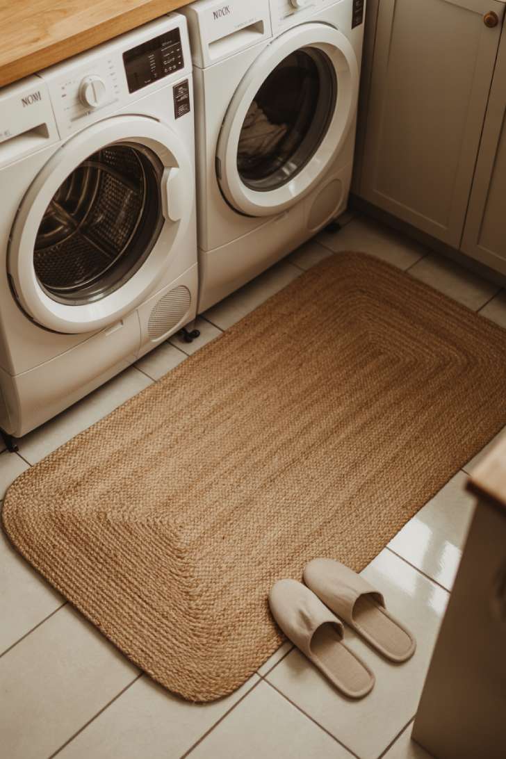 Handwoven jute herringbone rug in honey-tan on porcelain tile in front of stacked machines in a japandi laundry room.
