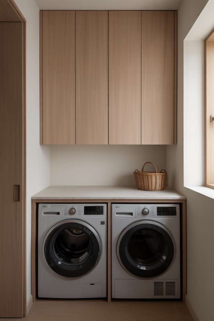 Washer and dryer hidden behind light warm oak flat-panel cabinet doors in a fully concealed japandi laundry room.