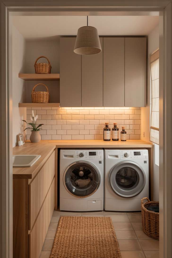 Complete japandi laundry room with butcher block counter, rattan baskets, subway tile backsplash, jute rug, and warm natural lighting viewed from the doorway.