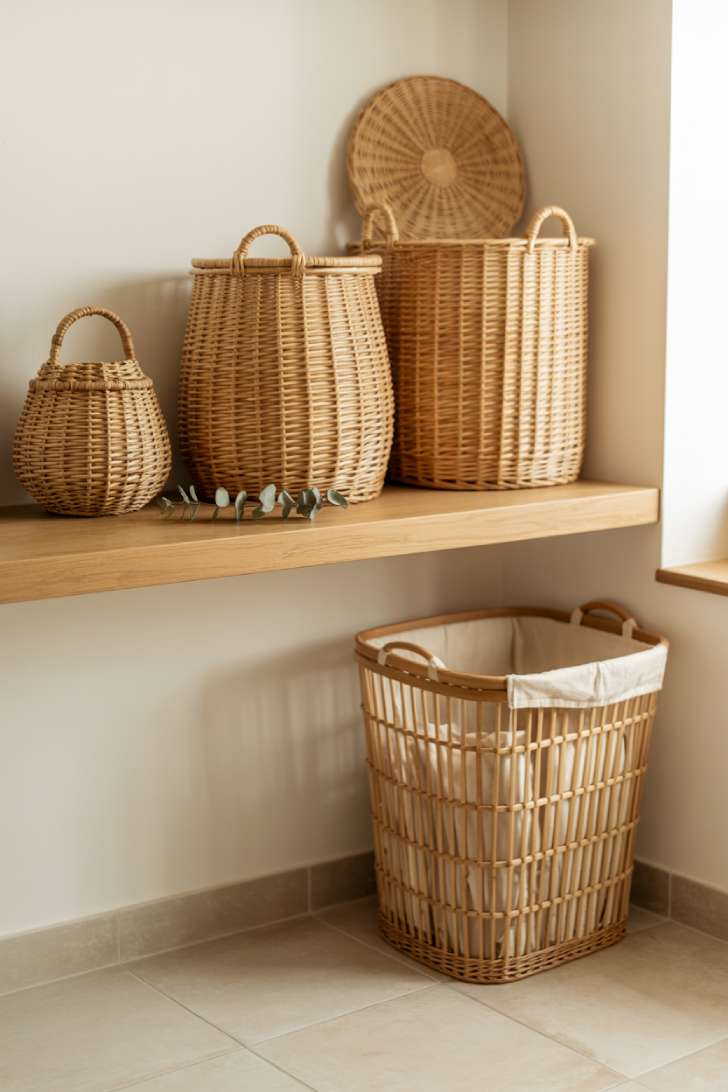 Handwoven rattan baskets on a floating oak shelf with a bamboo hamper below in a cream-toned japandi laundry room.