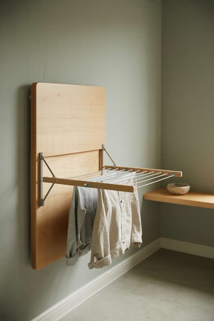Wall-mounted fold-down maple wood drying rack with linen garments against a sage green wall in a japandi laundry room.
