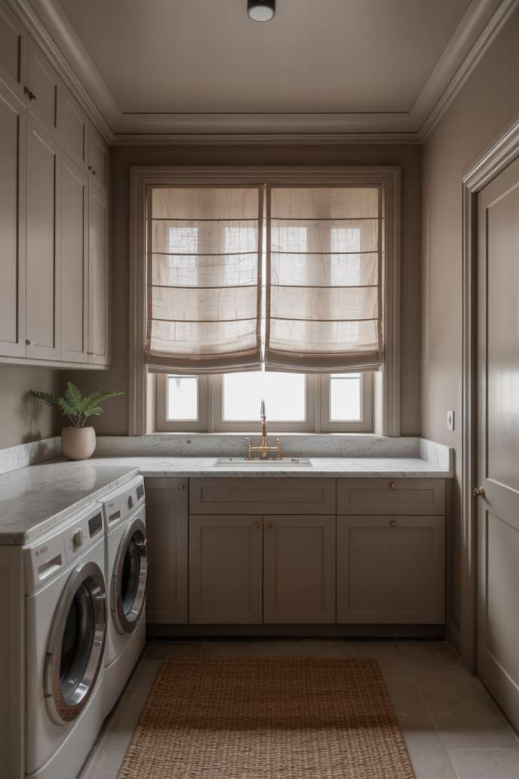 Monochromatic japandi laundry room painted in warm taupe from walls to ceiling with honed marble counter and jute rug.