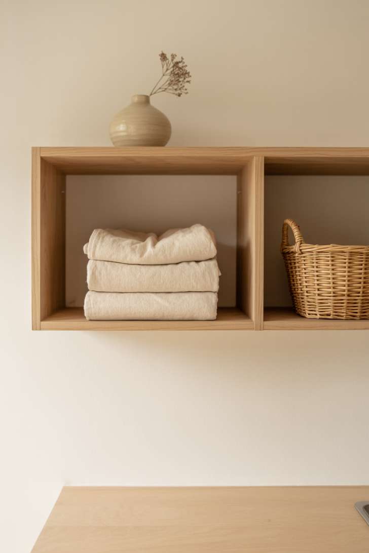 Two floating ash wood shelves in a japandi laundry room with minimal items and intentional empty space between objects.