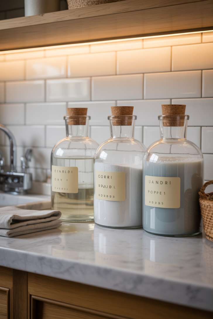 Three glass bottles with cork stoppers holding decanted laundry products on a honed marble countertop in a japandi laundry room.