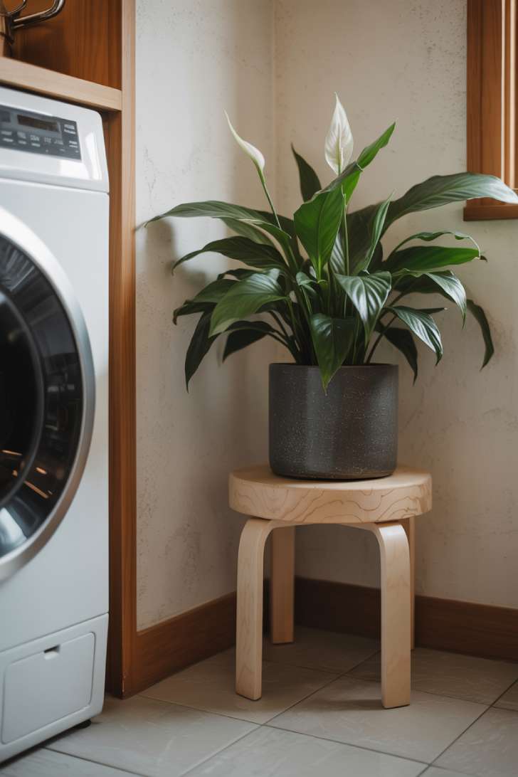 Single peace lily in a charcoal ceramic pot on a birch wood stool in the corner of a warm white japandi laundry room.