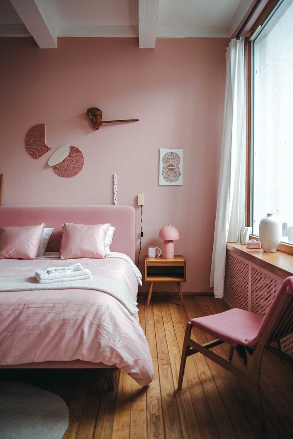 A cozy japandi pink bedroom with a wooden floor. There is a pink bed with a white blanket and two pink pillows. There is a wooden nightstand beside the bed. The wall has a few pieces of wall art. The room has a large window with a white curtain. There is a wooden chair in the corner. The room has a few decorative items, such as a pink lamp and a white vase. The room has soft lighting.