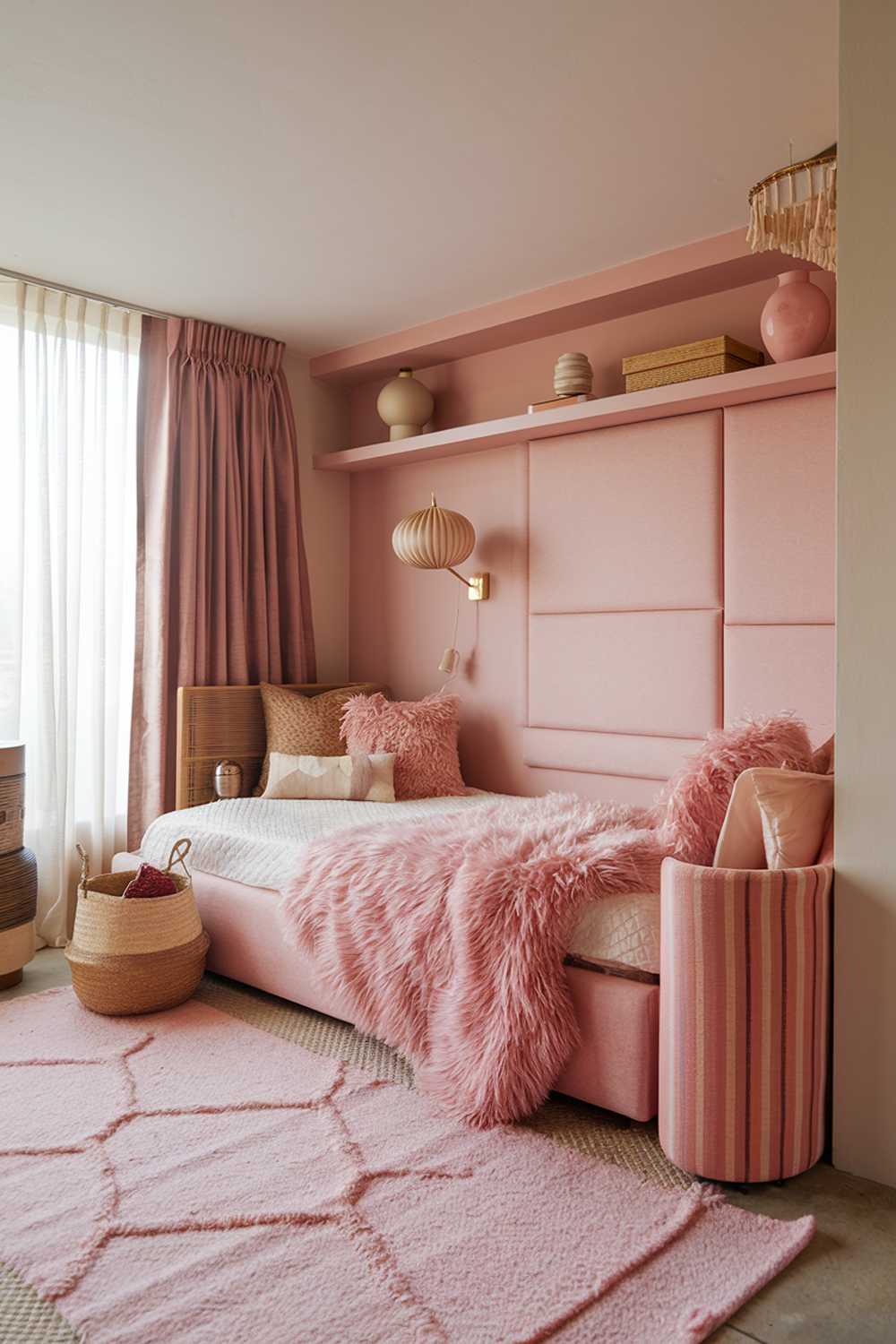 A cozy japandi pink bedroom with a queen-sized bed, a pink and beige area rug, and a beige wall shelf. The bed is adorned with fluffy pink and beige cushions. There's a small pink and beige striped chair at the end of the bed. The room has a few decorative items, including a beige lamp, a pink vase, and a beige basket. The walls are adorned with a pink curtain and a beige wall panel. The room has a warm, inviting ambiance.