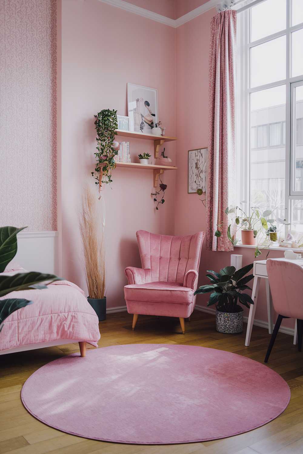 A cozy japandi-style pink bedroom. The room has a high ceiling and is filled with natural light. There's a large pink rug on the wooden floor. A pink velvet armchair sits in the corner near a tall, slender plant. A floating shelf above the armchair holds a few decorative items. The wall behind the bed is partially covered with a patterned wallpaper. There's a small desk near the window. The room has a few potted plants