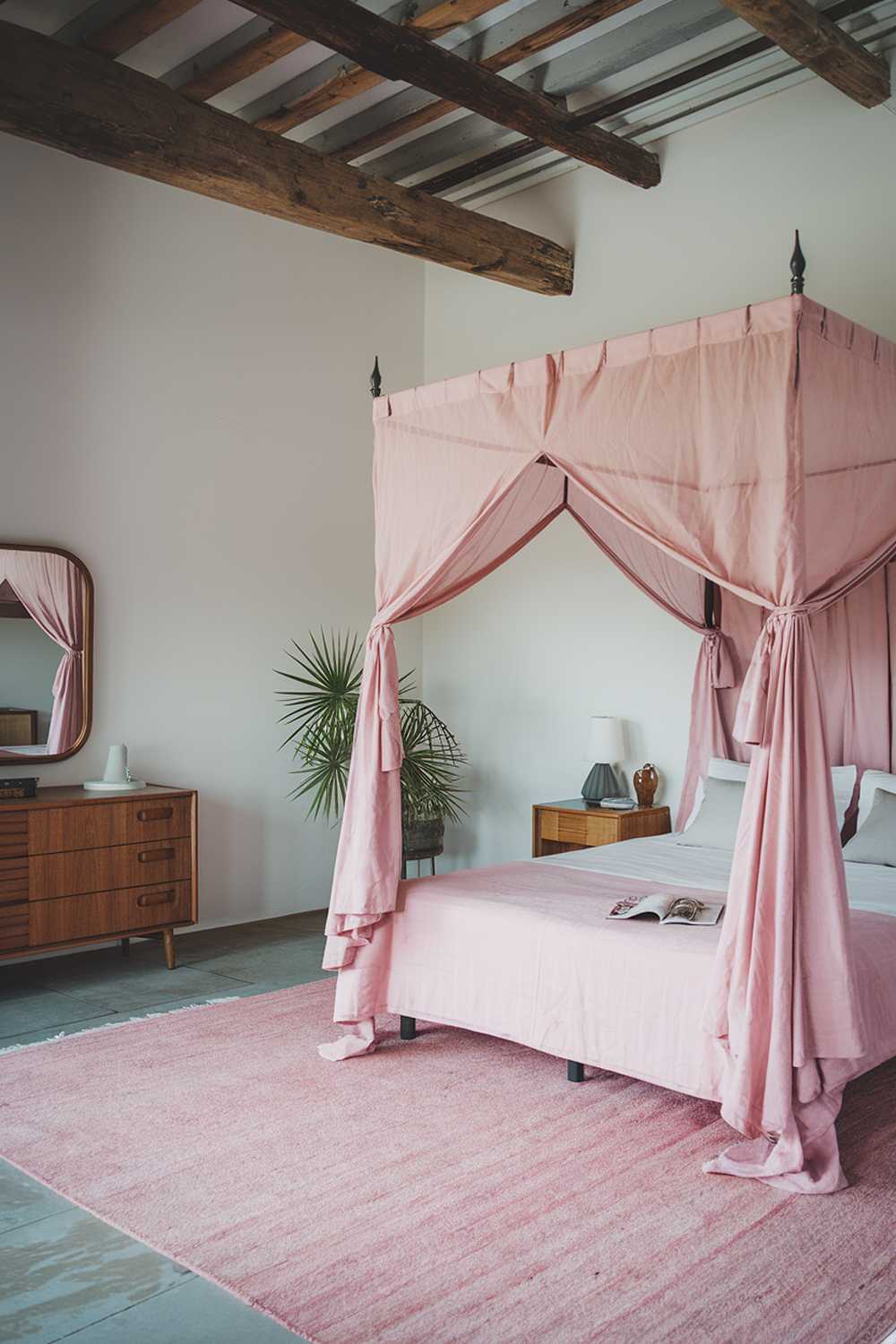 A japandi-style pink bedroom with a canopy bed, a pink rug, and wooden elements. The room has a white wall, a pink rug, a wooden dresser, and a wooden nightstand. There's a potted plant near the nightstand. The ceiling has wooden beams.