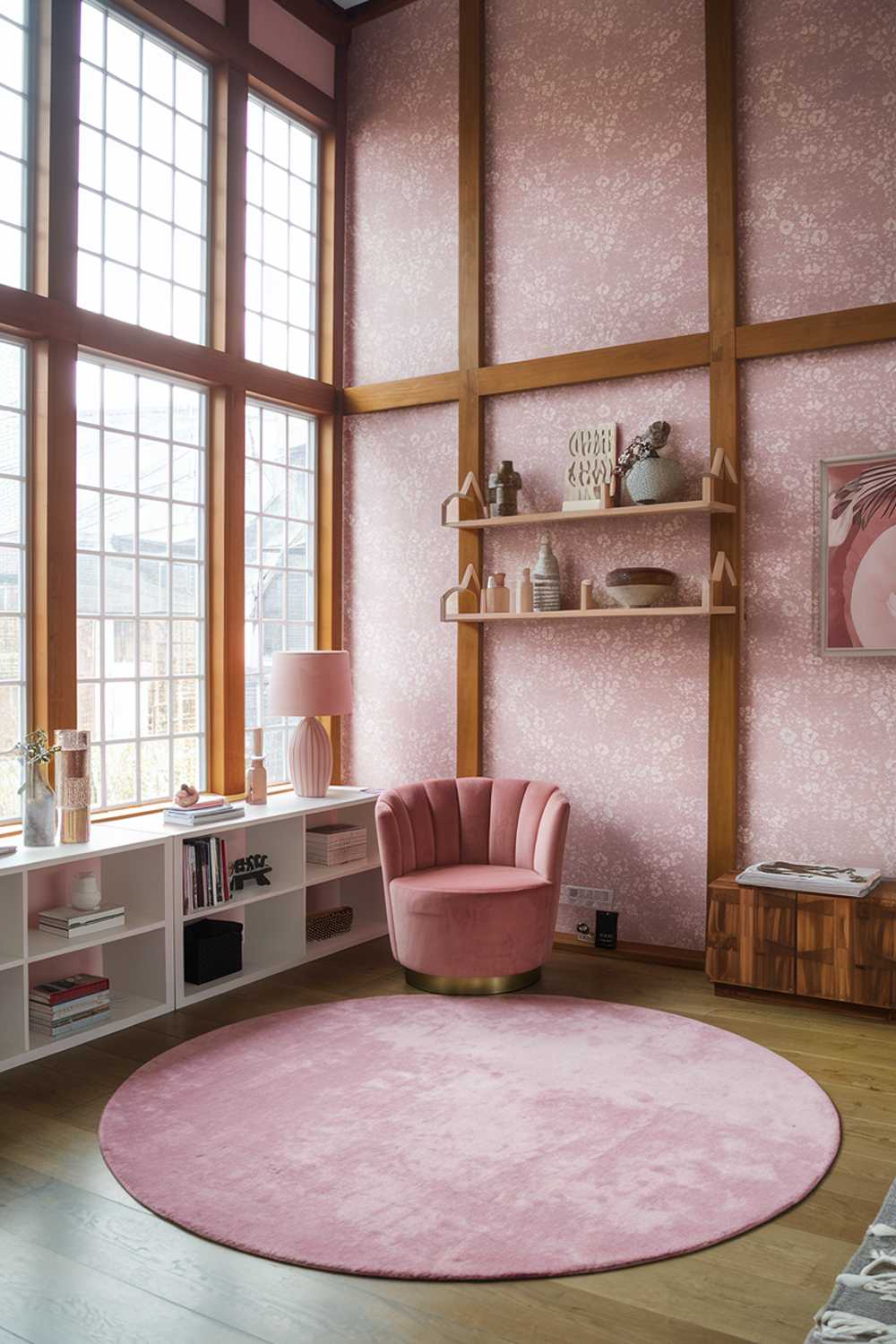 A japandi-style pink bedroom with wooden elements. The room has a high ceiling and large windows. There's a large pink rug on the wooden floor. A pink velvet chair sits in the corner. Against the wall, there's a wooden shelf with decorative items. The room has a white bookcase, a pink lamp, and a wooden box. The walls have a pink patterned wallpaper with floral patterns.