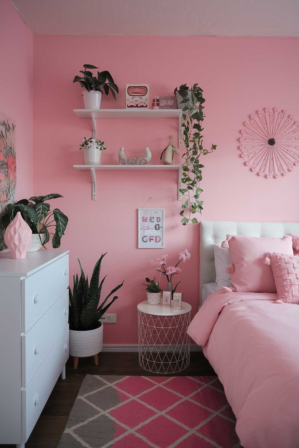 A japandi-style pink bedroom. There is a pink wall with a few white shelves filled with plants and decor. There is a white bed with pink pillows. There is a white dresser with a pink decorative piece. The floor is covered in a pink and gray rug. The room has a few plants and decor items.