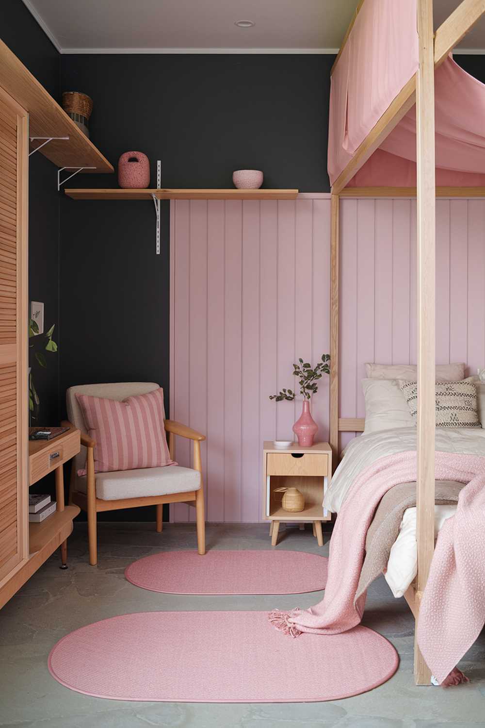 A japandi-style bedroom with a cozy atmosphere, featuring a pink hue. The room has a charcoal gray wall with a pink wooden panel. There's a pink rug in the middle of the floor. A pink and beige striped throw pillow is placed on a beige wooden chair. The room has wooden furniture with a natural finish, including a nightstand, a bed frame, and a shelf. A beige blanket is neatly folded and placed on the bed. A small plant is placed on the nightstand. The room has a few personal items, including a pink ceramic vase and a beige basket.