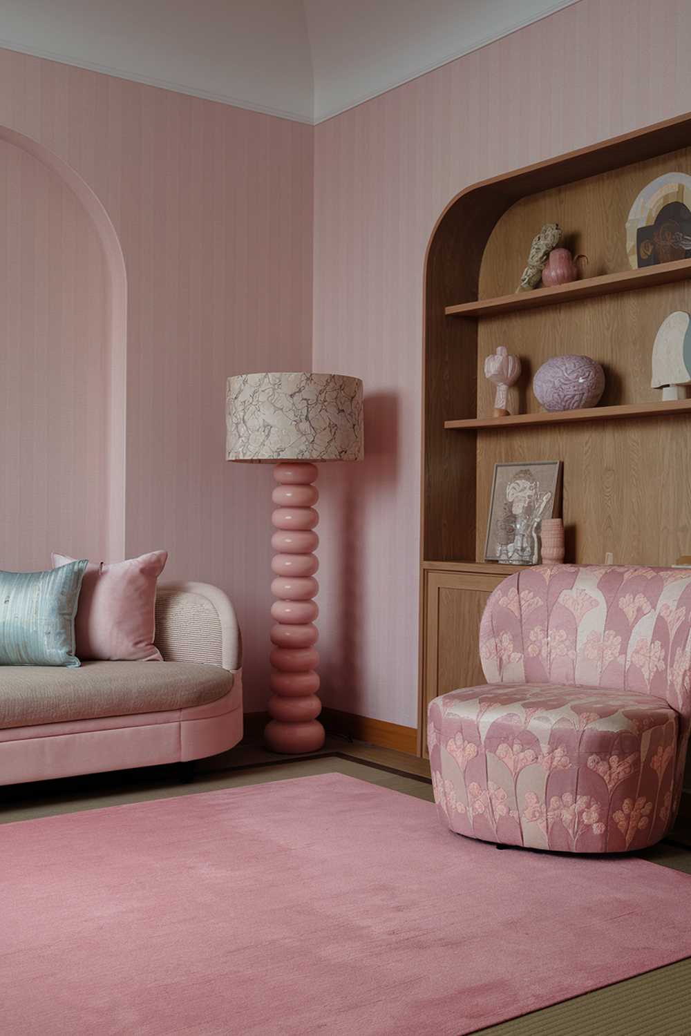 A cozy japandi-style bedroom with pink hues. The room has a large pink area rug, a beige sofa with pink and blue cushions, and a pink and beige patterned chair. There's a beige and pink patterned lampshade on a wooden stand. The walls have beige and pink striped wallpaper. There's a wooden shelf with a few decorative items. The floor has a beige rug