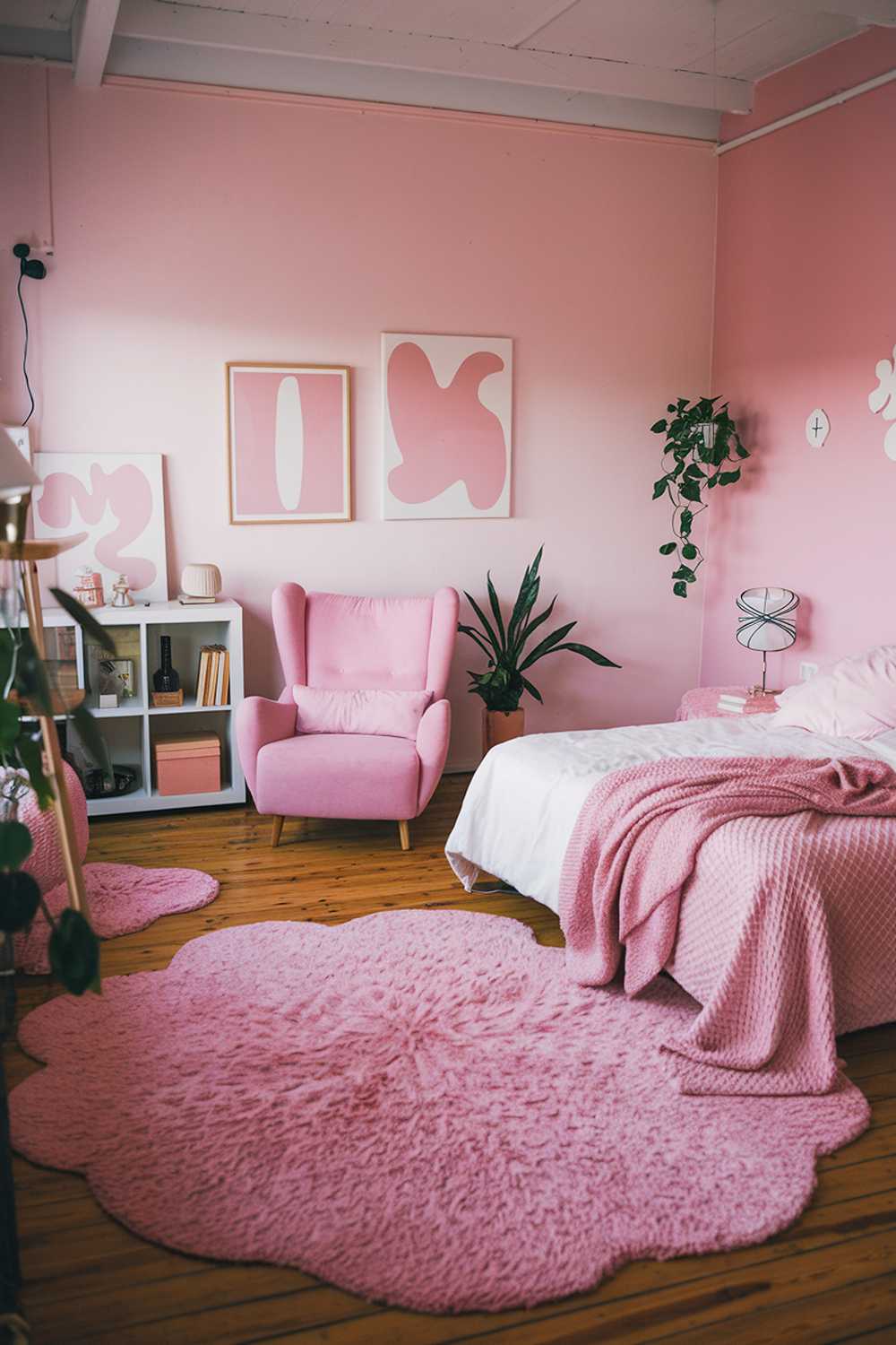 A cozy japandi-style bedroom with pink hues. The room has a wooden floor and features a large, plush pink rug. There's a white bed with a pink blanket and pillows. A pink armchair sits in the corner. The walls are adorned with minimalist pink and white artwork. A white bookshelf holds a few books and decorative items. The room has a few plants and a lamp.