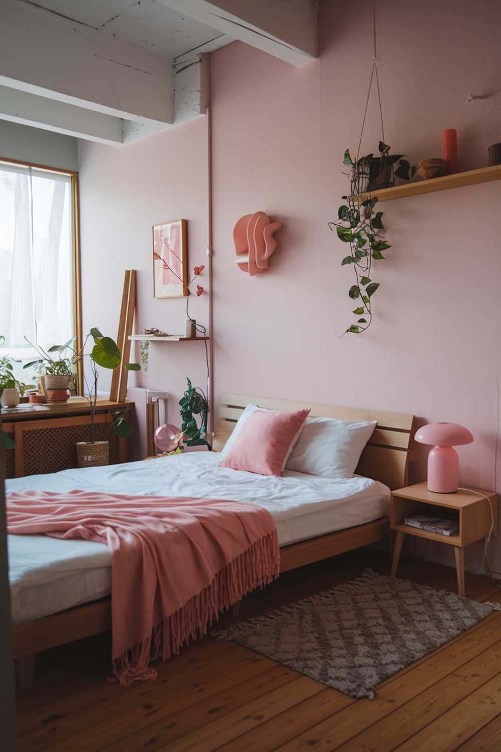 A cozy Japandi bedroom with a few pink hues. The room has a wooden floor and features a queen bed with a pink throw pillow. There's a pink lamp on the nightstand. The walls have a few pieces of decor, including a pink sculpture and a wooden shelf. The room has a few plants and a rug.