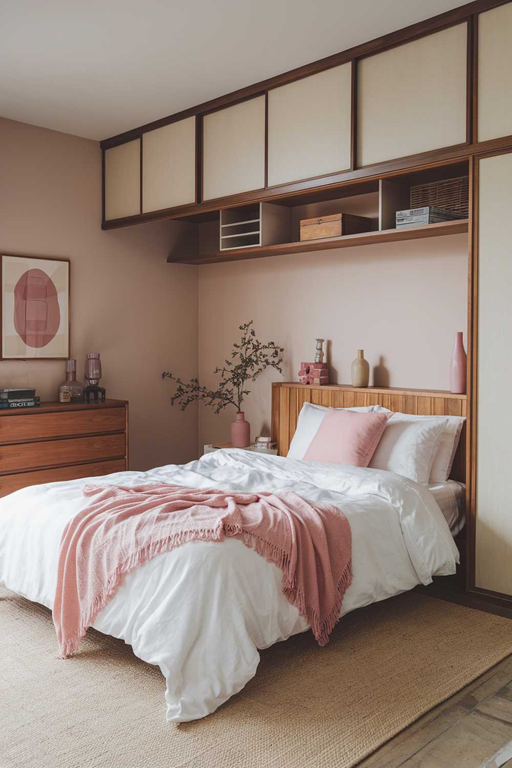 A cozy japandi bedroom with few pink hues. The room has a queen-sized bed with a white duvet and a pink pillow. There is a wooden dresser with a few items on top. A plant sits on the nightstand. The walls are painted beige. The floor is covered with a beige rug. There are a few decorative items, including a pink vase and a wooden box. The room has wooden elements, such as the headboard and the shelves above the bed.