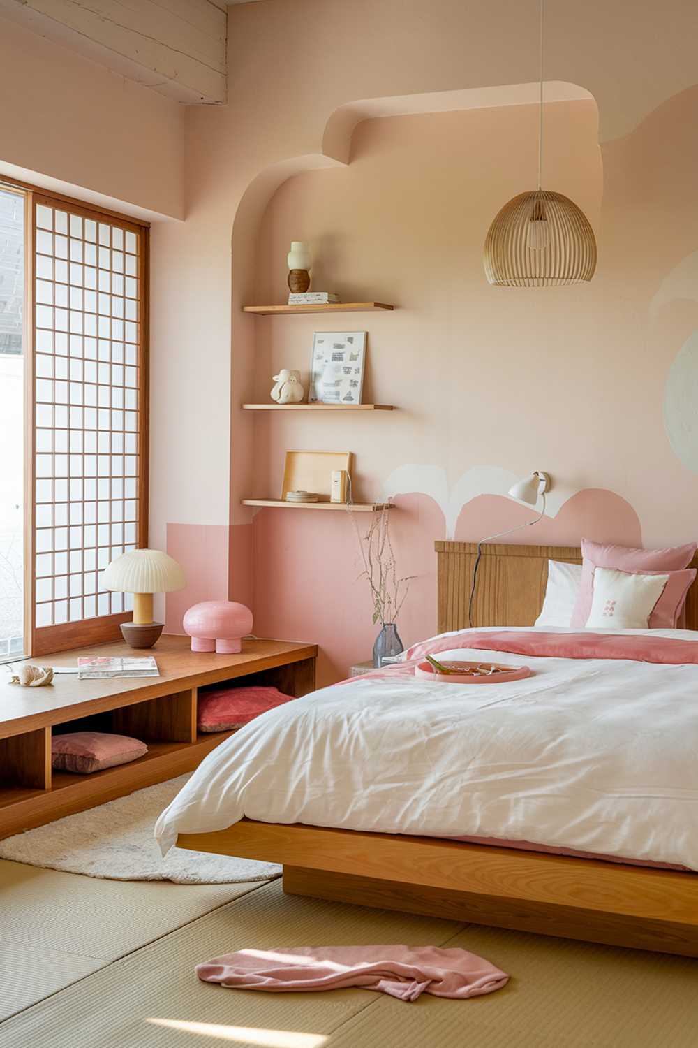 A Japandi-style bedroom with a cozy atmosphere. The room features a mix of Scandinavian and Japanese design elements, with a few pink hues. There is a wooden platform bed with a white duvet and pink pillows. The walls are painted in a soft beige hue. There are wooden shelves and a lamp on the wall. The floor is covered with a beige rug. There is a pink decorative object near the bed. The room has a large window with wooden blinds