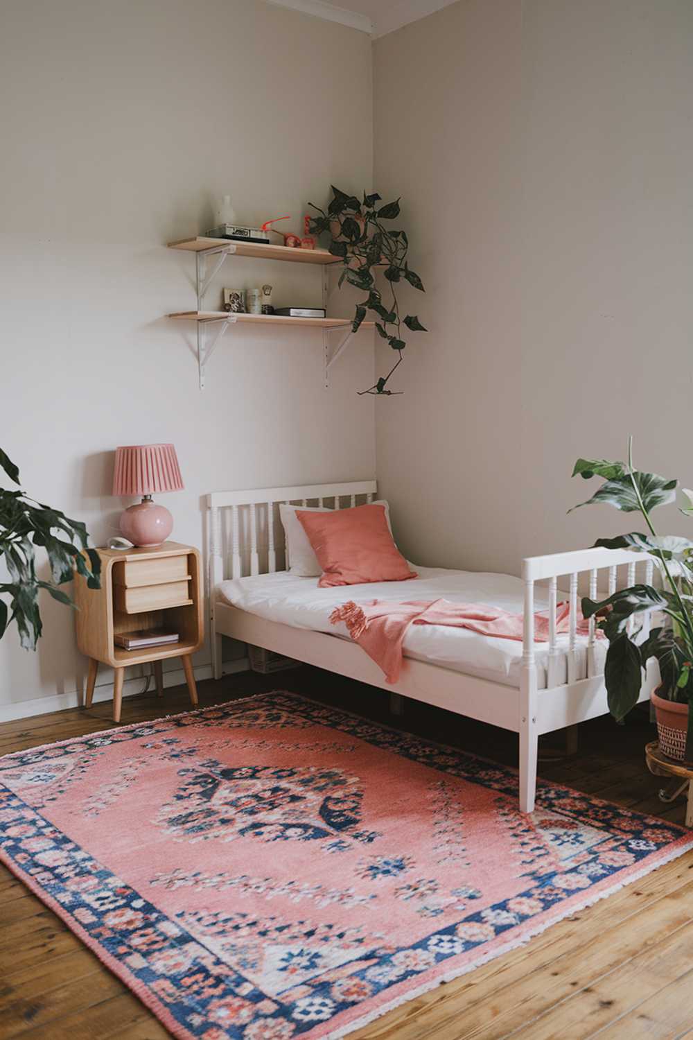 A cozy japandi-style bedroom with a few pink accents. The room has a wooden floor, a white wooden bed with a pink throw pillow, a wooden nightstand with a pink lampshade, and a large, patterned pink and blue area rug. There's a small, white wooden shelf with a few items above the bed. The walls are painted white. There's a large, patterned pink and blue area rug on the floor. The room has a few potted plants.