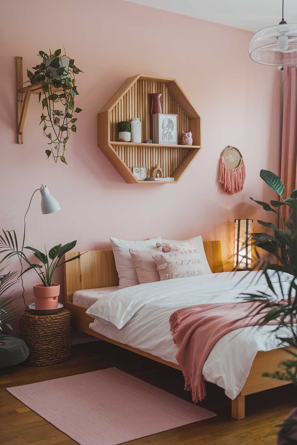 A cozy Japandi bedroom with a few pink hues. The room has a wooden floor and features a blend of Japanese and Scandinavian design elements. There's a wooden bed with a white duvet and a few pillows. The wall above the bed has a unique wooden shelf with a few decorative items. There's a pink throw blanket on the floor. The room has a few plants and a lamp. The lighting in the room is soft.