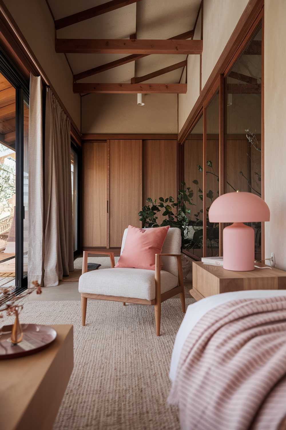 A close-up shot of a cozy Japandi-style bedroom with a few pink hues. The room has a minimalist design with wooden furniture and earthy tones. There is a pink throw pillow on a beige chair and a pink lamp on a wooden nightstand. The room has wooden beams on the ceiling. The floor is covered with a beige rug. In the background, there is a wooden wardrobe and a plant. The room has large windows, allowing natural light to fill the space.