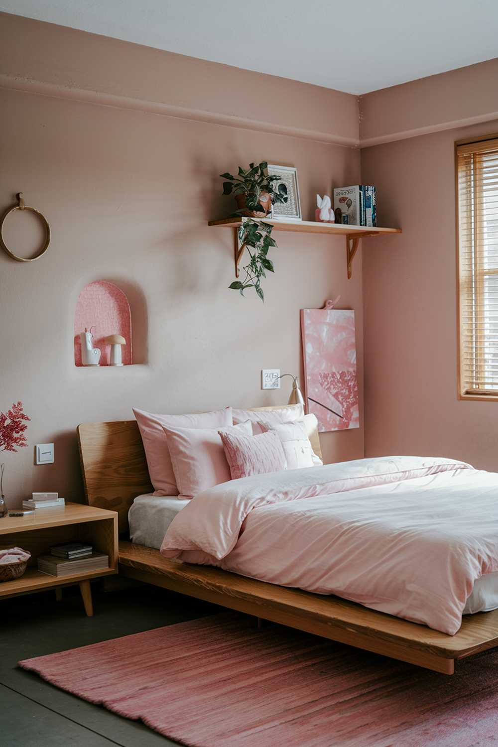 A cozy japandi bedroom with a few pink hues. The room has a wooden platform bed with a white duvet and pink pillows. There's a pink rug below the bed. The walls are painted beige and have a few decorative items, including a small pink plant. The room has wooden furniture, including a nightstand and a shelf. The shelf has a few books and a small decorative item.