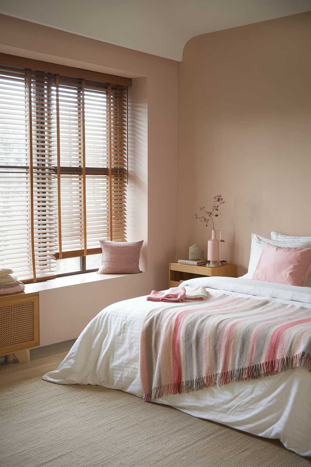 A cozy Japandi-style bedroom with few pink hues. The room has a large window with wooden blinds, a white bed with a pink and gray striped blanket, and a pink throw pillow. There's a beige rug on the floor, and a few items of clothing are neatly folded on the bed. The walls are painted beige, and there's a wooden nightstand next to the bed with a pink vase and a few items.